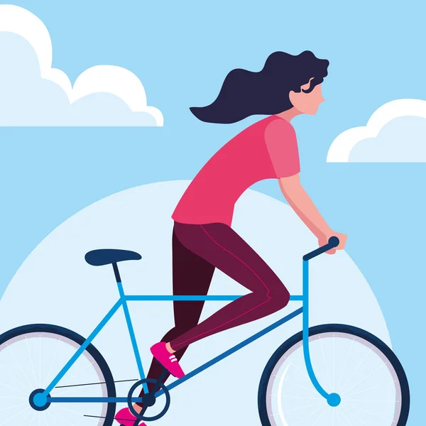 年轻女子骑自行车与天空和云 — 图库矢量图片