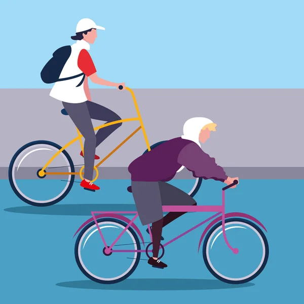 Hombres jóvenes montar carácter avatar bicicleta — Vector de stock