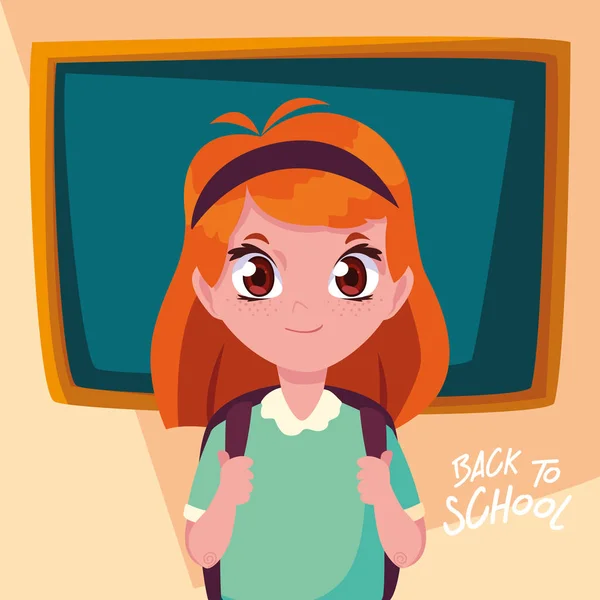 Cute little student girl in poster back to school — Stock Vector