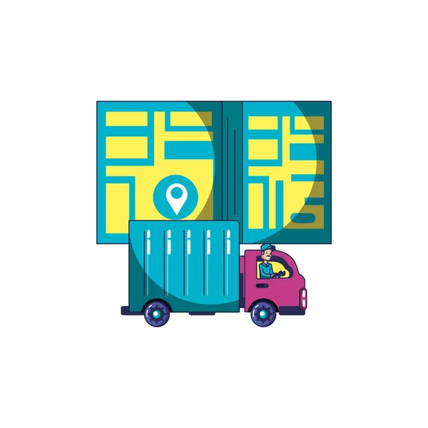 Serviço de entrega do trabalhador com caminhão de veículo e guia de mapa —  Vetores de Stock