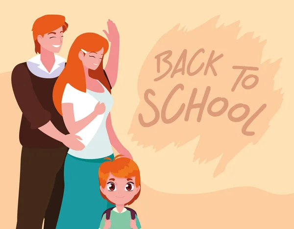 Netter kleiner Schüler mit Eltern im Poster zurück in die Schule — Stockvektor