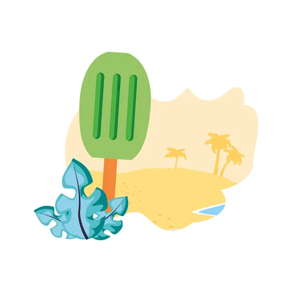 Helado con palo en la playa — Vector de stock