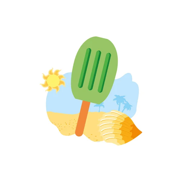 Helado con palo en la playa y concha — Vector de stock