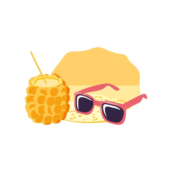 Cocktail van ananas in het strand met zonnebril — Stockvector