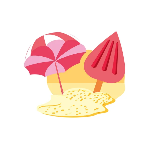 Helado con palo en la playa y sombrilla — Vector de stock