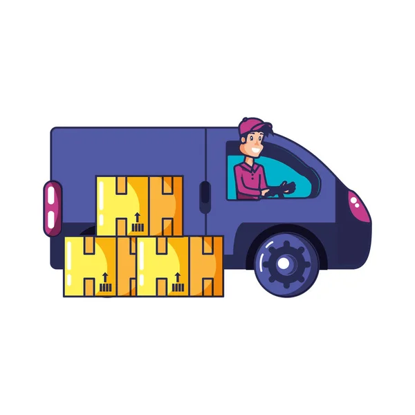 Van araç ve kutuları ile işçi teslim hizmeti — Stok Vektör