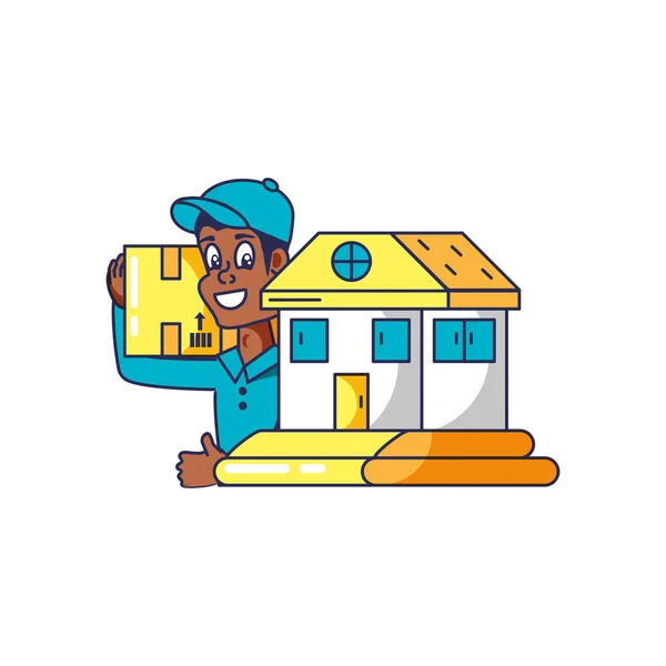 Service de livraison des travailleurs avec boîte et façade de la maison — Image vectorielle