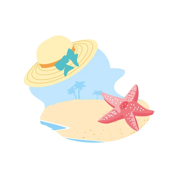 Шляпа женщина плетеная на пляже с морской звездой — стоковый вектор