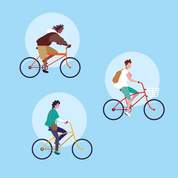 Groep van jonge man paardrijden fiets avatar karakter — Stockvector