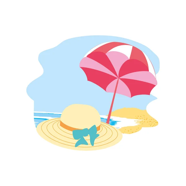 Chapéu vime feminino na praia com guarda-chuva aberto — Vetor de Stock