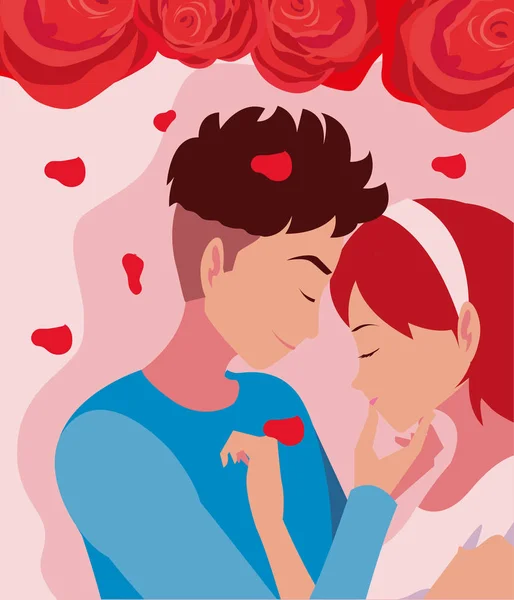 Νεαρό ζευγάρι με τριαντάφυλλα διακόσμηση — Διανυσματικό Αρχείο