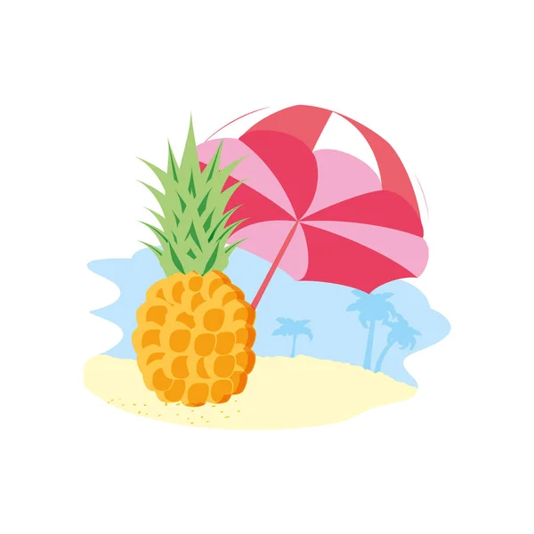 Piña fresca en la playa con sombrilla — Vector de stock