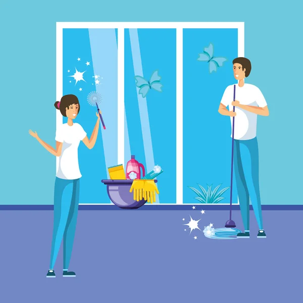 Limpieza pareja trabajo interior casa — Vector de stock