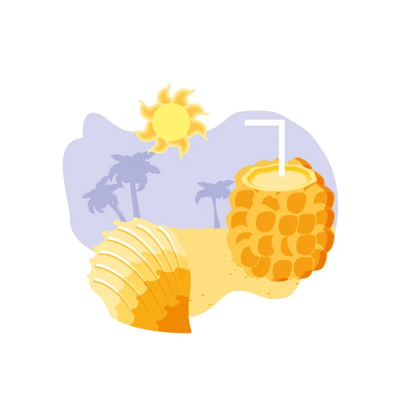 Cocktail aus Ananas mit Muschel am Strand — Stockvektor
