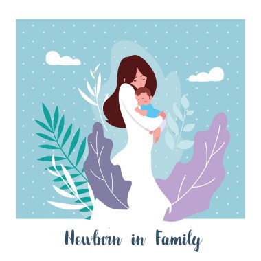 anne ve sevimli oğlu bebek ile aile kartı yenidoğan