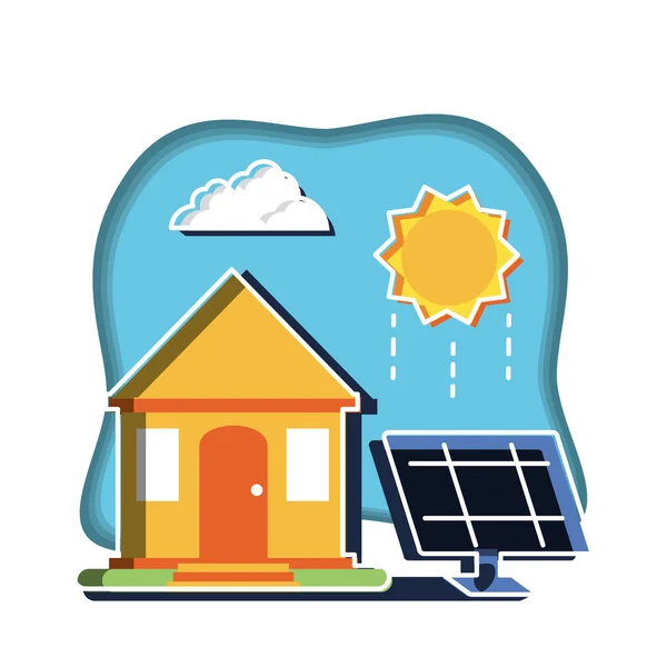 Panel solar con fachada de casa y sol — Vector de stock