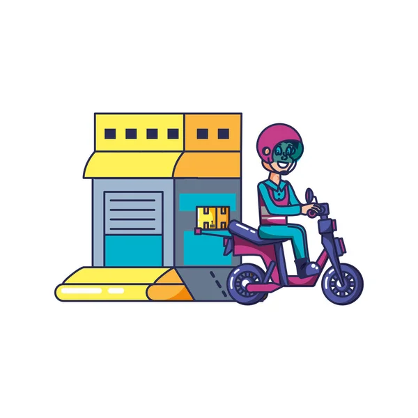 Dodávka pracovníka na motocyklu se stavebním skladem — Stockový vektor