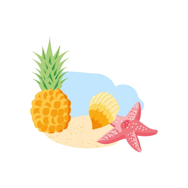 Piña fresca en la playa con concha marina y estrellas de mar — Vector de stock