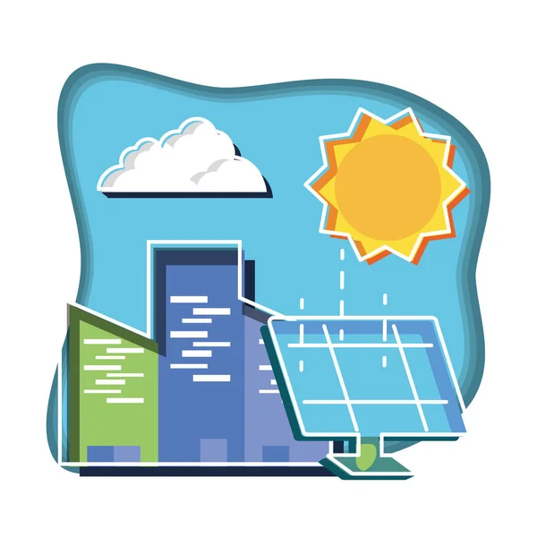 Painel solar com edifícios e sol — Vetor de Stock