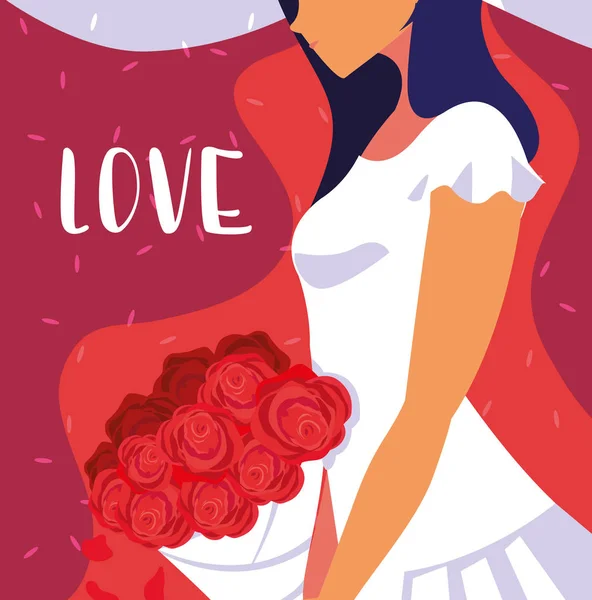 Mujer moda en cartel amor con flores rosas — Vector de stock