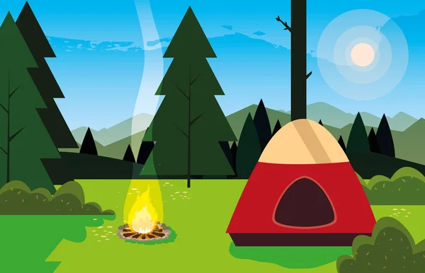 Zona de acampada con tienda y día de fogata paisaje — Vector de stock