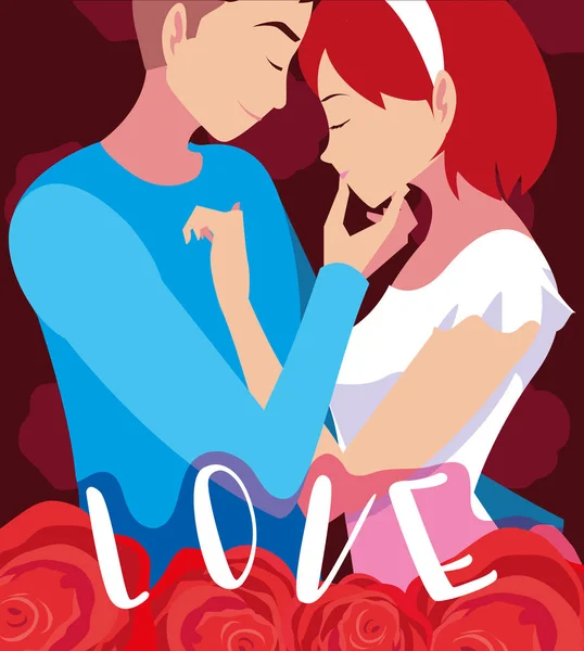 Joven pareja en amor cartel con rosas decoración — Vector de stock
