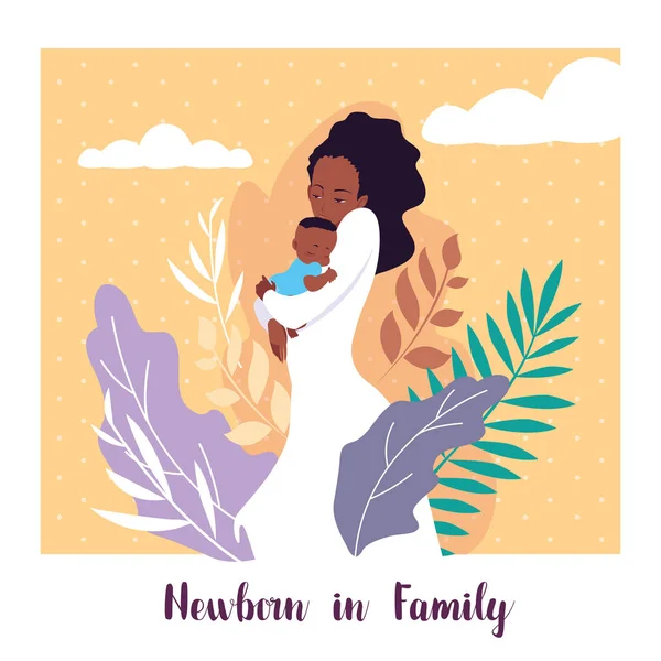 Recém-nascido em cartão de família com mãe afro e bebê filho bonito —  Vetores de Stock