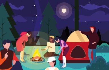 çadır ve kamp ateşi gece sahnesi ile kamp bölgesinde kampçılar
