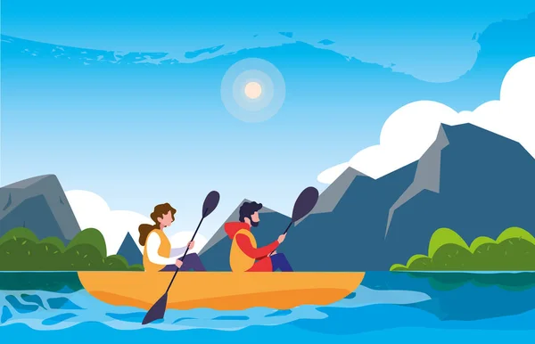 Campers in beautiful landscape scene with kayaks — Stock Vector