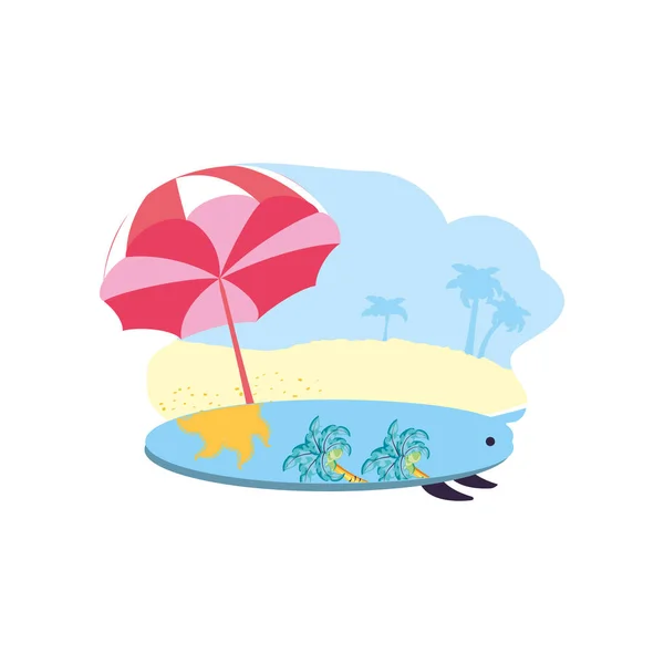 Équipement de planche de surf sport à la plage avec parasol — Image vectorielle
