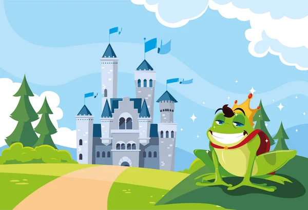 Βάτραχος πρίγκιπας με παραμύθι κάστρο σε ορεινό τοπίο — Διανυσματικό Αρχείο