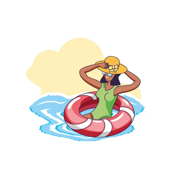 Mujer joven con flotador en el mar — Vector de stock