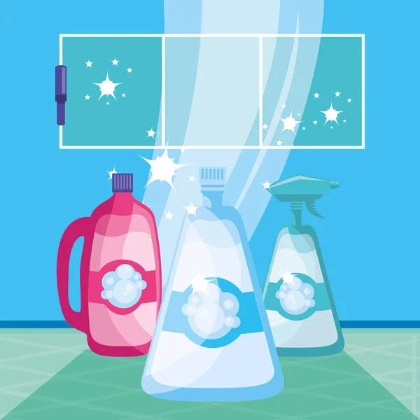 Huishoud gereedschap met flessen kunststof producten — Stockvector