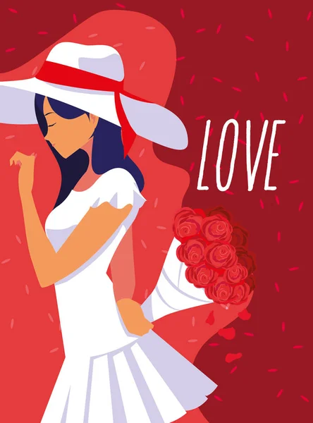Moda mulher com chapéu e buquê no cartaz do amor —  Vetores de Stock