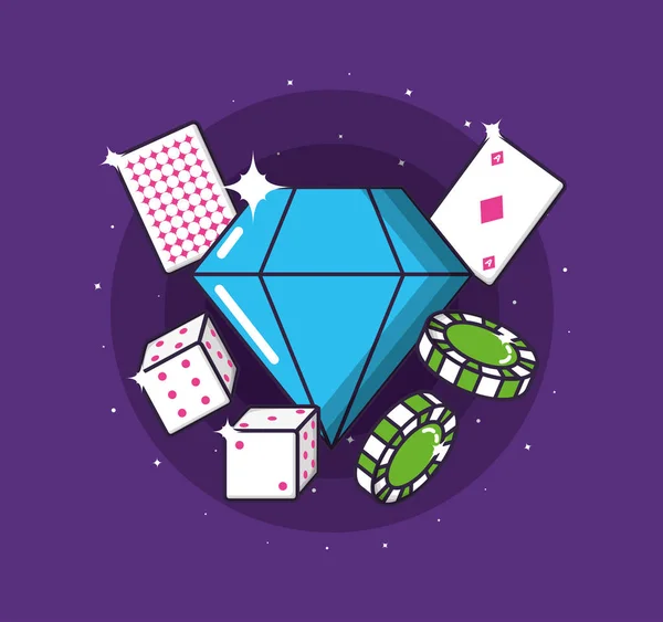 Casino juego de diamantes con cartas de póquer e iconos — Archivo Imágenes Vectoriales