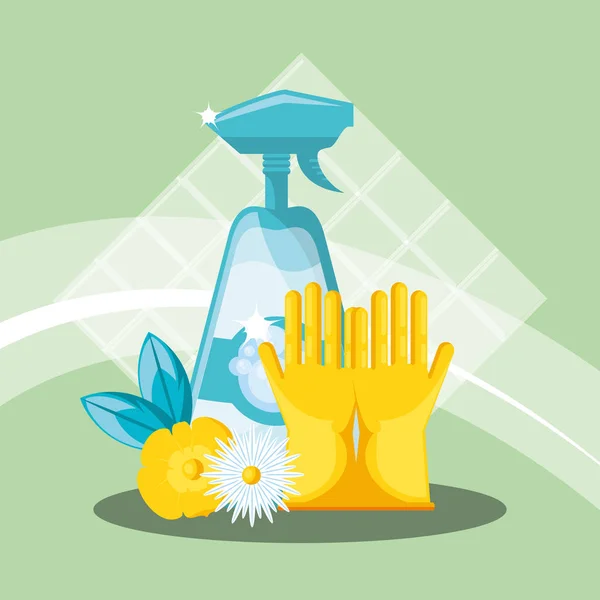 Huishoud gereedschap met fles plastic product en handschoen — Stockvector