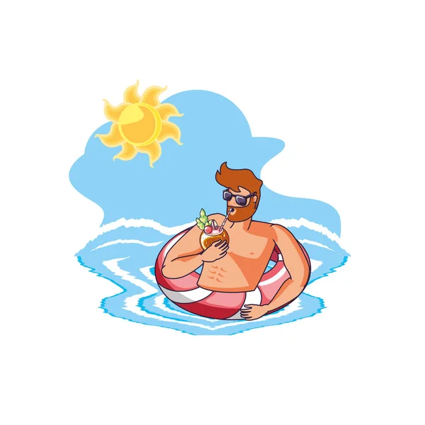 Hombre con flotador en el mar — Vector de stock