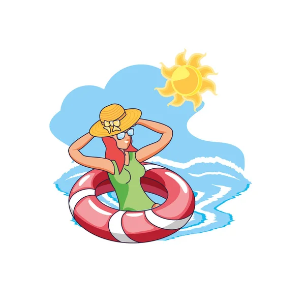 Young woman with float in the sea — Stock Vector