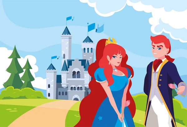 Princesa e príncipe com castelo conto de fadas na paisagem — Vetor de Stock