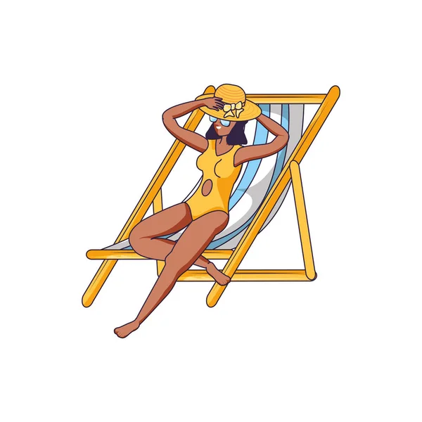 Mujer joven con traje de baño en la silla de playa — Archivo Imágenes Vectoriales
