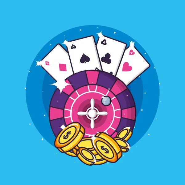 Ruleta de juego de casino con cartas de póquer y monedas — Vector de stock