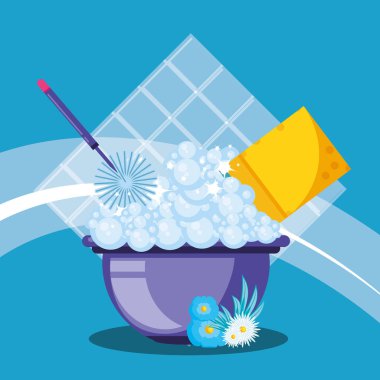 temizlik araçları ve köpük ile kova