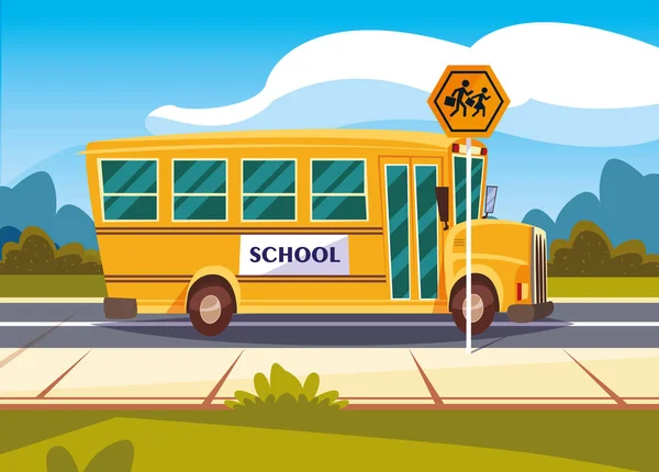 Transport par autobus scolaire sur route avec signalisation — Image vectorielle