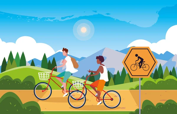 Coppia in bicicletta nel paesaggio con segnaletica per ciclista — Vettoriale Stock
