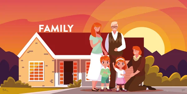 Söt familj med fasad hus i affisch — Stock vektor