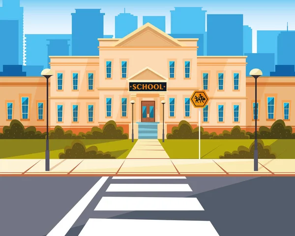 Facade of school building with road — Stock Vector