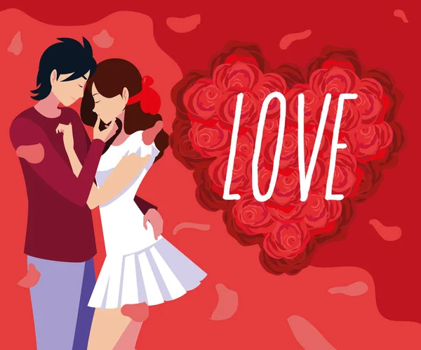 Joven pareja en amor cartel con rosas decoración — Vector de stock