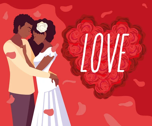 Joven pareja afro en amor cartel con rosas decoración — Vector de stock