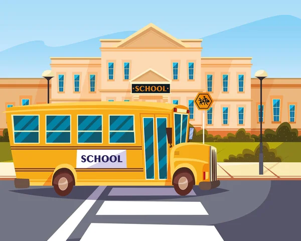 Buss i väg med byggnads skola — Stock vektor