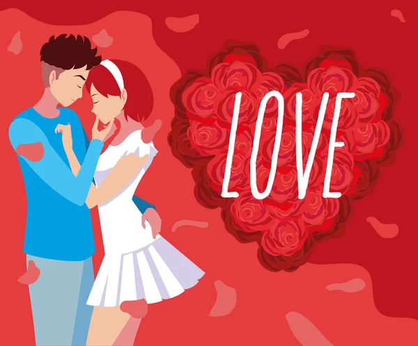Mladý pár na milostný plakát s růží dekorace — Stockový vektor